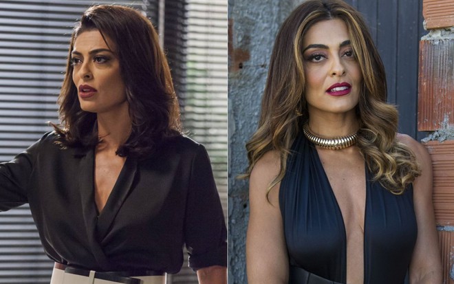 Montagem de fotos da atriz Juliana Paes como a Carolina de Totalmente Demais e como a Bibi Perigosa de A Força do Querer