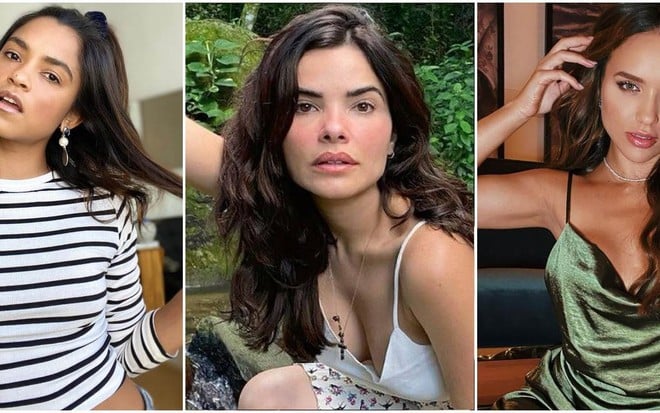 Montagem com as atrizes Lucy Alves, Isis Valverde e Rafa Kalimann posam para fotos com expressões sérias