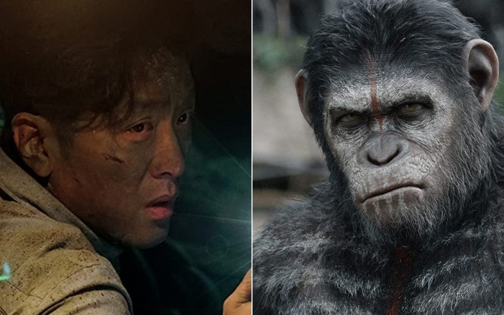 Montagem: Jung-woo Ha todo sujo em cena de O Túnel (2016); e o macaco interpretado por Andy Serkis em Planeta dos Macacos - O Confronto (2014)
