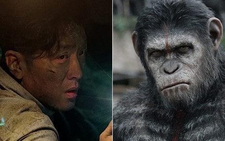 Montagem: Jung-woo Ha todo sujo em cena de O Túnel (2016); e o macaco interpretado por Andy Serkis em Planeta dos Macacos - O Confronto (2014)