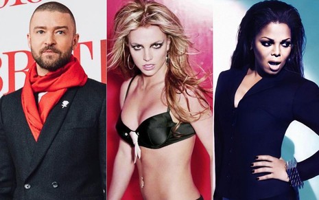 Montagem de fotos de Justin Timberlake, Britney Spears e Janet Jackson