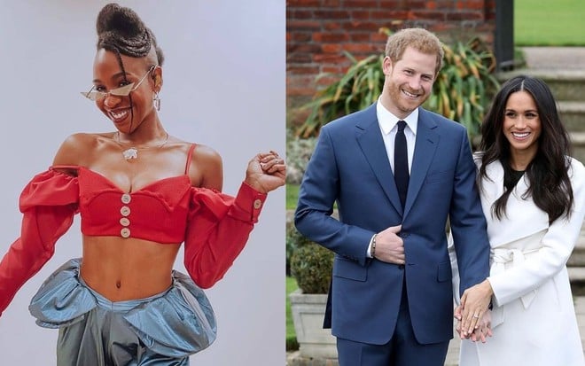 Montagem: Karol Conká à esquerda vestindo um top vermelho sorrindo; Harry e Meghan à direita andando de mãos dadas sorrindo