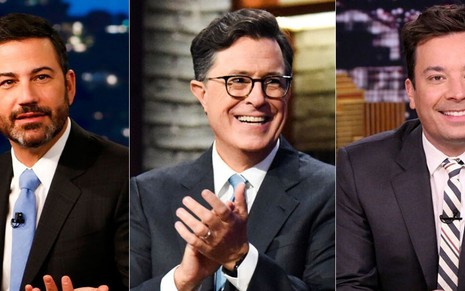 Montagem com os humoristas e apresentadores Jimmy Kimmel, Stephen Colbert e Jimmy Fallon