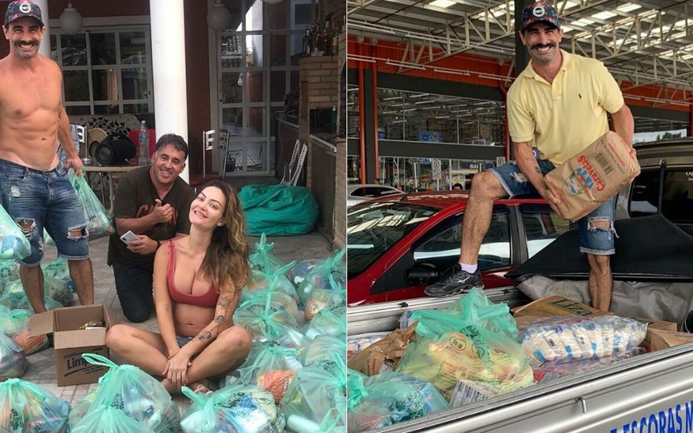 Montagem de fotos: Laura Keller e Jorge Sousa  distribuindo alimentos no Rio de Janeiro