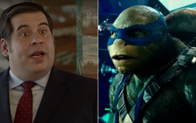 Montagem com Leandro Hassum em O Candidato Honesto (2014) e Leonardo (Pete Ploszek) em As Tartarugas Ninja - Fora Das Sombras (2016)