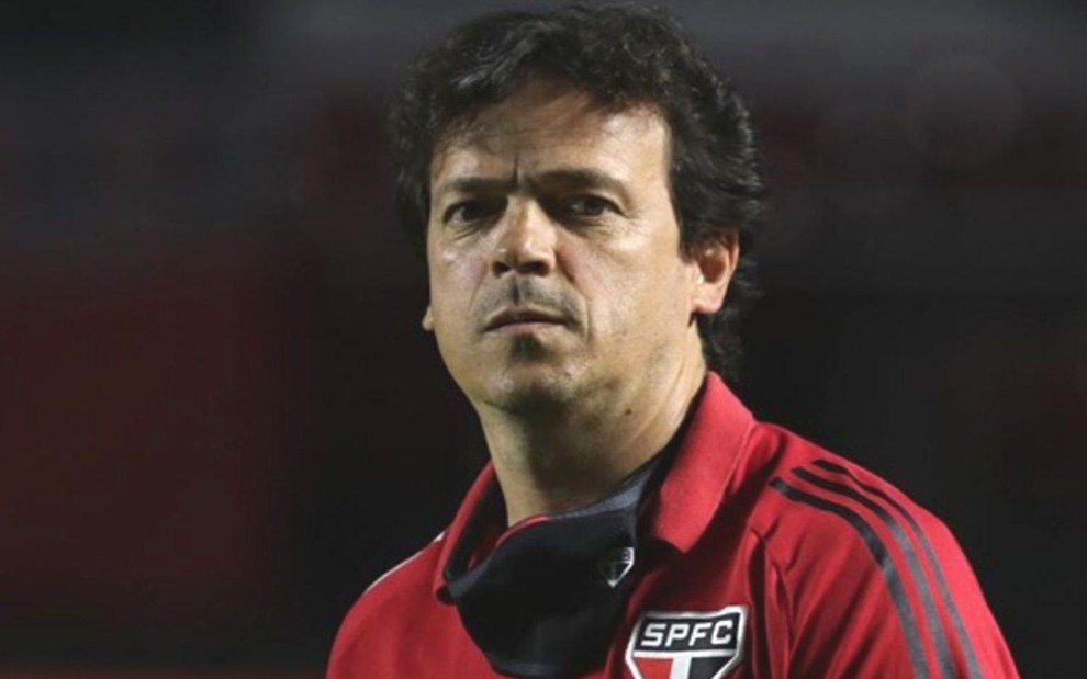 Com uniforme do São Paulo, o técnico Fernando Diniz olha para a câmera na beira do gramado
