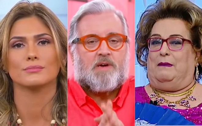 Montagem de Lívia Andrade, Leão Lobo e Mamma Bruschetta com semblantes tristes em um estúdio de TV