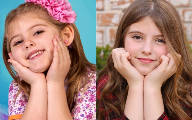 Montagem de fotos de Lorena Queiroz como Dulce Maria, em Carinha de Anjo (2016), e em publicidade atual para seu Instagram