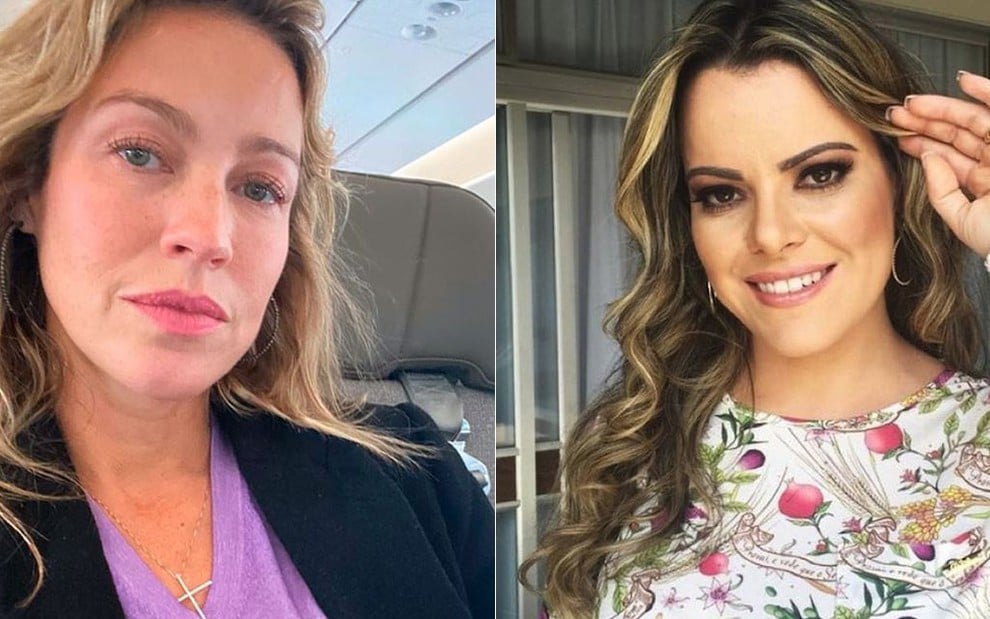 Luana Piovani de camiseta lilás e casaco preto, em avião; Ana Paula Valadão em foto maquiada