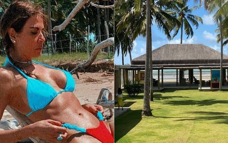Montagem de fotos com Luciana Gimenez tomando sol de biquíni casa onde ela está hospedada em Alagoas