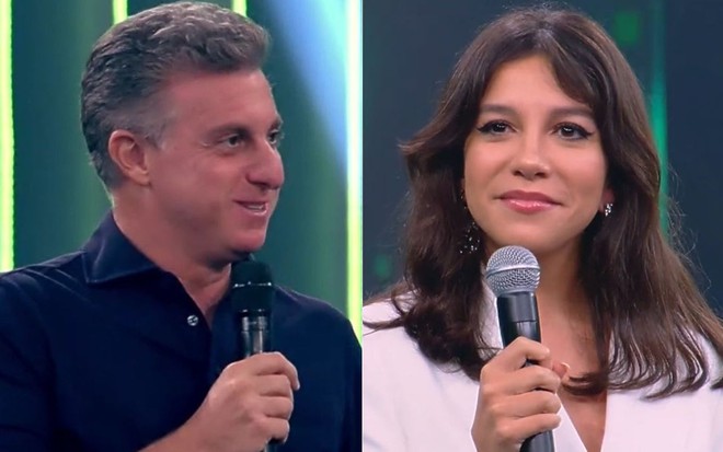 Montagem de Luciano Huck e Priscilla Alcantara no cenário do Caldeirão neste sábado (6)
