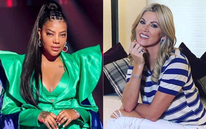 Ludmilla com um vestido verde e ombreiras grandes, e Val Marchiori sentada, com uma camiseta listrada e mão no queixo