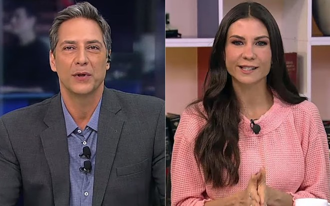 Luís Ernesto Lacombe e Amanda Klein na bancada do Opinião no Ar