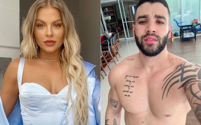 Luísa Sonza de cabelo cacheado e roupa decotada; Gusttavo Lima de barba e sem camisa