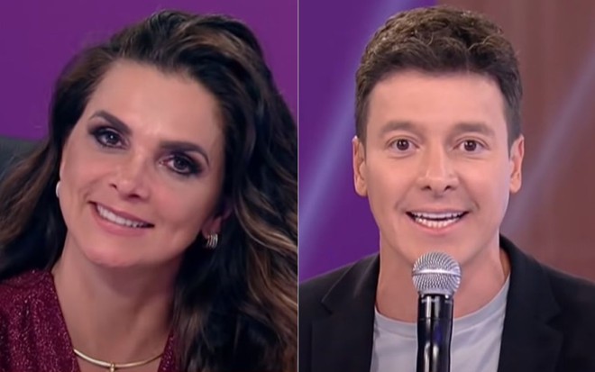 Montagem de fotos com a sorridente Luiza Ambiel e Rodrigo Faro no Hora do Faro, da Record
