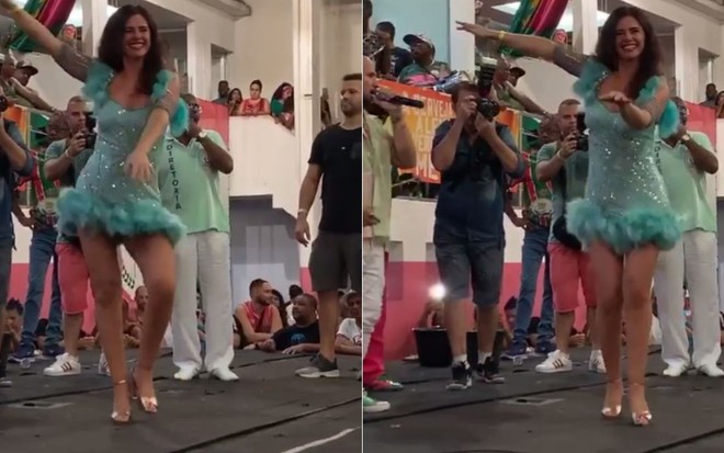 Montagem de fotos de Luma de Oliveira na quadra da Mangueira durante evento Noite das Rainhas