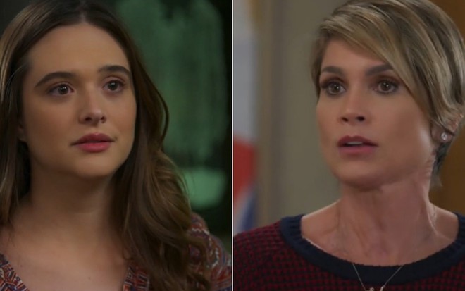 Montagem das atrizes Juliana Paiva e Flávia Alessandra em cena como Luna/Fiona e Helena de Salve-se Quem Puder