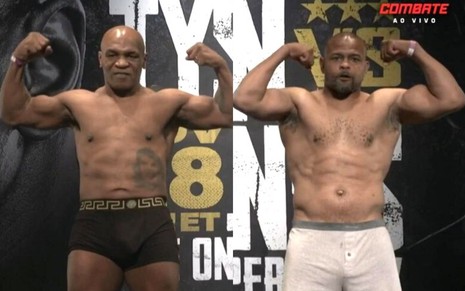Mike Tyson e Roy Jones Jr. mostram os músculos na pesagem para a luta