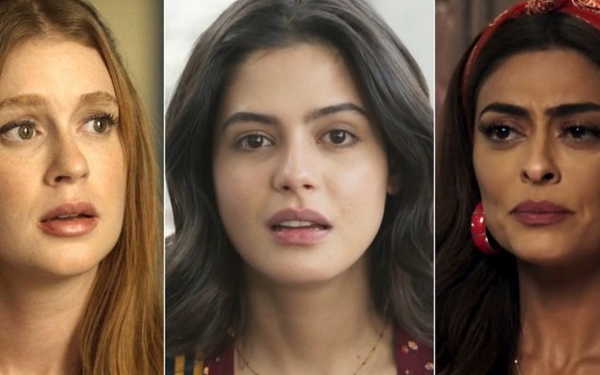 Montagem das atrizes Marina Ruy Barbosa, Julia Dalavia, Juliana Paes em cenas de O Sétimo Guardião, Órfãos da Terra e A Dona do Pedaço, todas da Globo