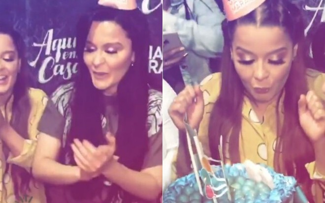 Montagem de fotos com fotos de Maiara e Maraisa em festa de aniversário nos bastidores de show em Minas Gerais