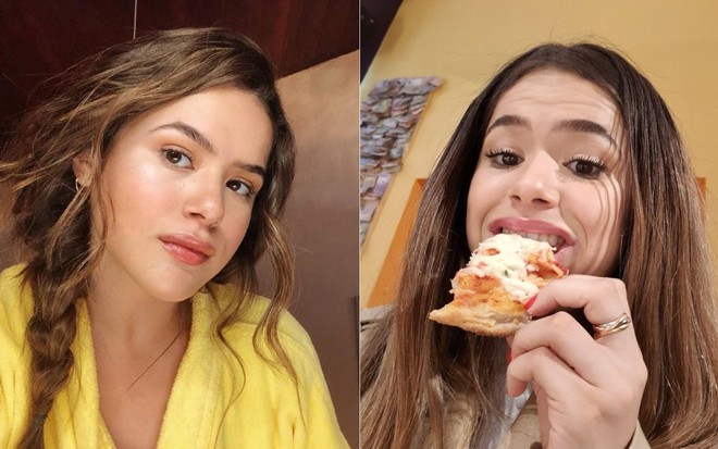 Montagem com fotos de Maisa Silva fazendo pose e comendo pizza