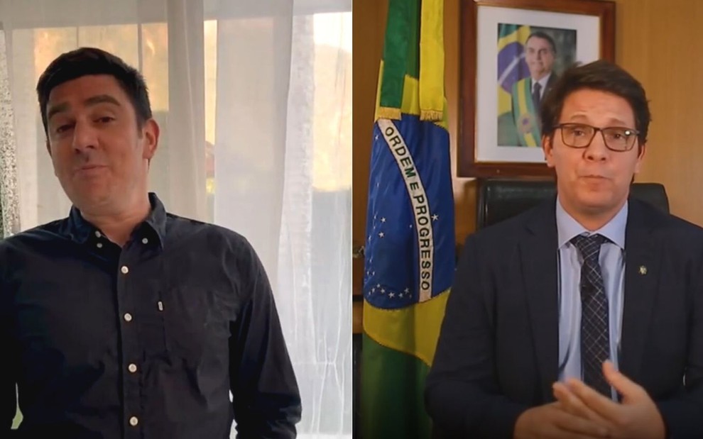 Montagem de fotos com Marcelo Adnet e Mario Frias em sala que tem quadro de Jair Bolsonaro ao fundo