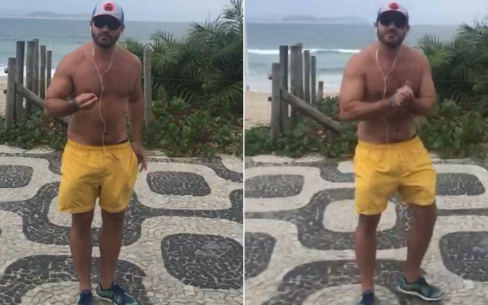 Sem camisa e usando uma bermuda amarela, Marcelo Cosme é flagrado furando a quarentena em praia do Rio de Janeiro