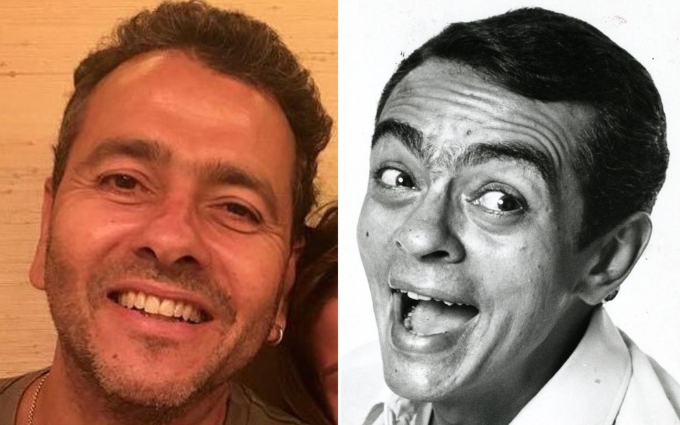 Montagem com rostos de Marcos Palmeira e seu tio, Chico Anysio, em preto e branco