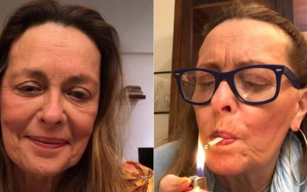 Montagem de fotos com a atriz Maria Zilda sorridente e acendendo um cigarro em live