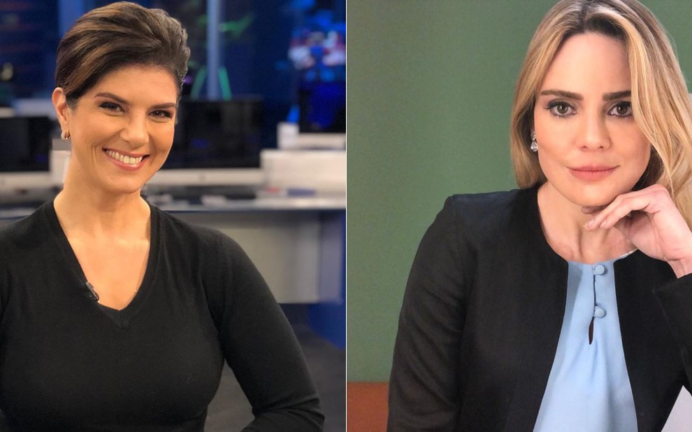 Mariana Godoy sorrindo na bancada do RedeTV! News e Rachel Sheherazade com a mão no queixo