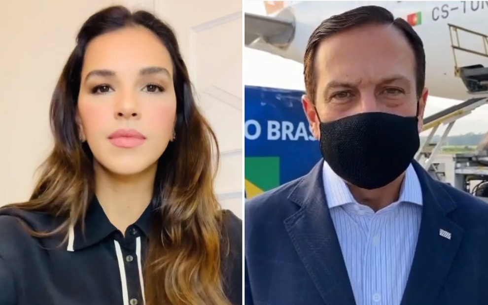 montagem com a atriz Mariana Rios e o governador João Doria, de máscara
