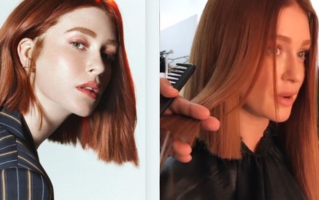 Montagem de foto de Marina Ruy Barbosa de cabelo curto e do momento do corte de cabelo em dezembro de 2019