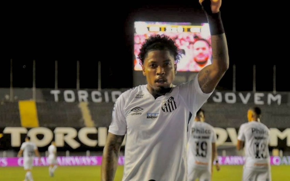 Imagem de Marinho comemorando gol durante jogo do Santos na Libertadores 2020