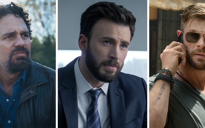 Com visual desleixado, Mark Ruffalo constrata com Chris Evans, mais alinhado; e Chris Hemsworth, de óculos escuto