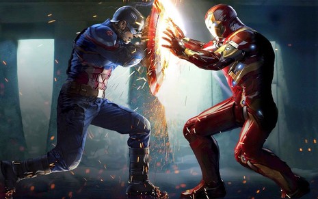 Os atores Chris Evans e Robert Downey Jr., caracterizados como Capitão América e Homem de Ferro, lutam um contra o outro em cena do filme Guerra Civil