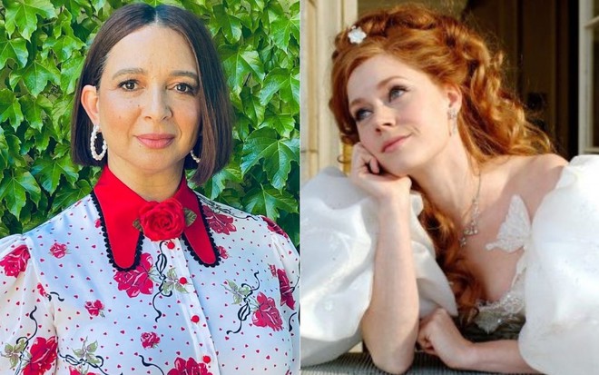 Montagem com Maya Rudolph séria em foto publicada no Instagram; e Amy Adams como a princesa Giselle em Encantada (2007)