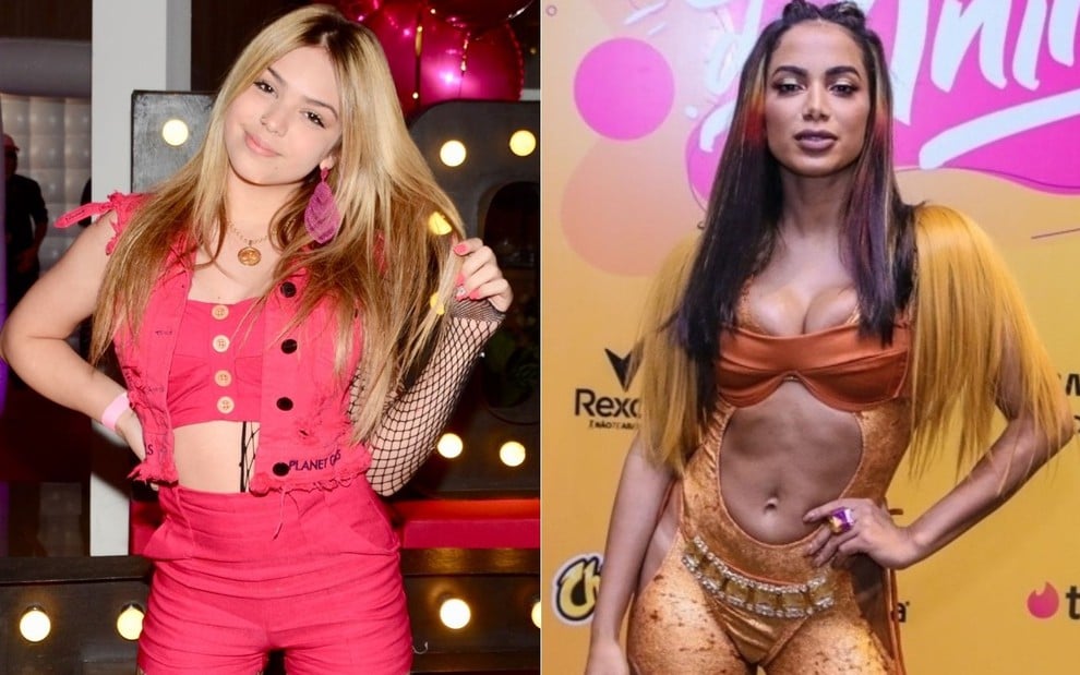 Montagem de fotos de Melody no aniversário da MC Mirella em junho de 2019, em São Paulo, e Anitta no Carnaval 2020