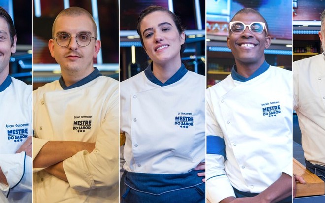 Imagem dos chefs Álvaro Gasparetto, Bruno Hoffmann, Gi Nacarato, Moacir Santana e Francisco Pinheiro em fotos posadas com domas