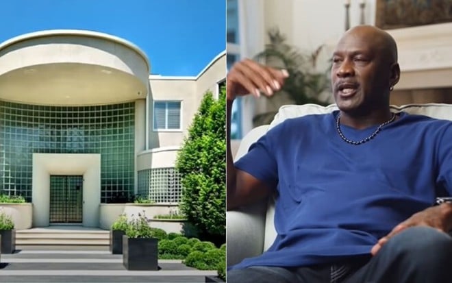 Montagem de fotos com a fachada da mansão em Chicago e Michael Jordan, que é proprietário do imóvel