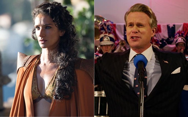Montagem com foto de Indira Varma em cena de Game of Thrones e Cary Elwes em cena de Stranger Things