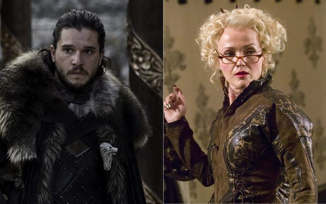 Montagem com Kit Harington em cena de Game of Thrones e Miranda Richardson em cena de Harry Potter e o Cálice de Fogo