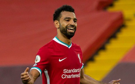 Atacante Mohamed Salah comemora gol pelo Liverpool