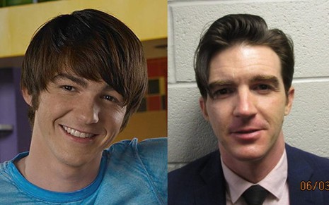 Montagem com imagem de Jared Drake Bell como seu personagem na série Drake & Josh na esquerda e de quando foi preso na direita
