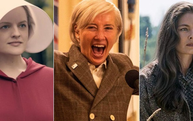 Montagem com Elizabeth Moss em The Handmaid's Tale, Emma Thompson em Years and Years, e Alexa Davalos em The Man In The High Castle