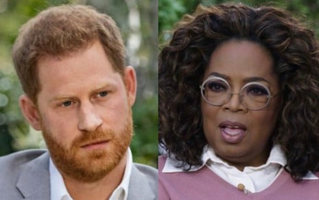 Príncipe Harry à esquerda e Oprah Winfrey à direita em montagem; ele sério e ela com expressão de quem está falando