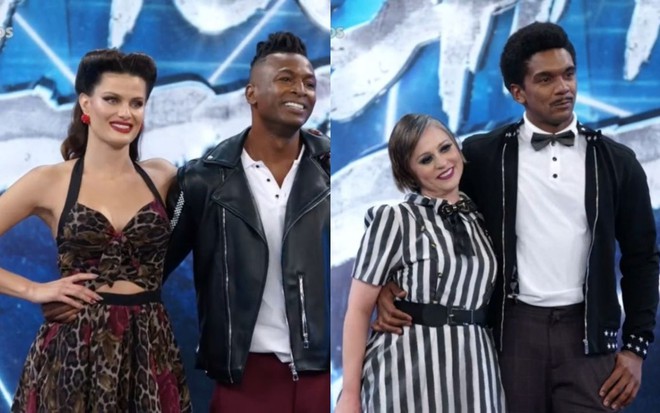 Montagem com as duplas Isabeli Fontana e Igor Maximiliano e Guta Stresser e Marcus Lobo no palco do Domingão do Faustão