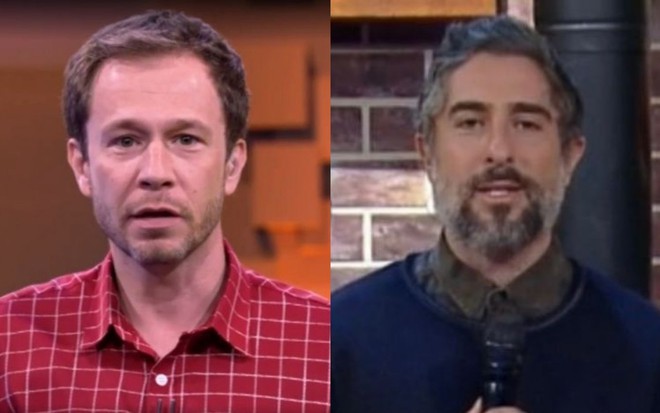 Montagem de Tiago Leifert e Marcos Mion, um de camisa xadrez e o outro com uma blusa azul marinho
