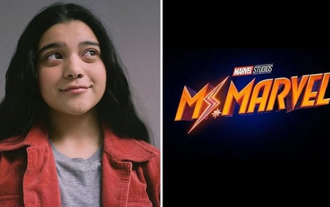 Montagem com Iman Vellani em foto publicada em seu Instagram, e o logo da série Ms. Marvel