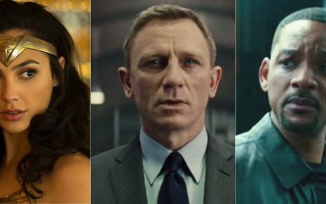 Montagem de fotos com Gal Gadot, a Mulher-Maravilha, Daniel Craig, o James Bond, e Will Smith, em Bad Boys