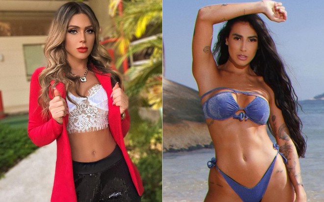 Nadja Pessoa com uma calça preta, blusa branca e casaco vermelho; e Any Borges de biquíni azul, fazendo pose na praia